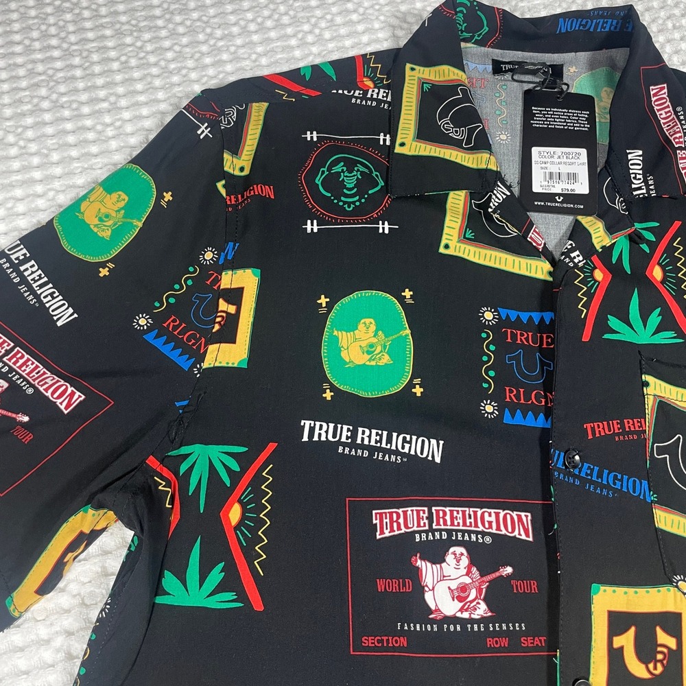 True Religion Resort Shirt Mens Large Black NWT SS Camp Collar Graphic Buddha - Picture 2 of 16